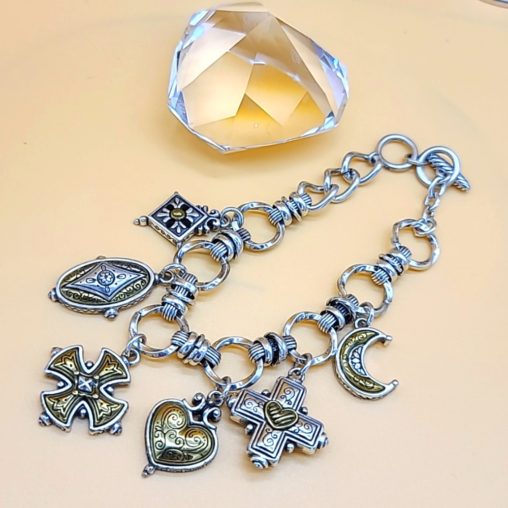 $110 Brighton "CHERISH" Multi Two-Tone Cross, Moon, & Heart Charm Bracelet RARE - Picture 1 of 11
